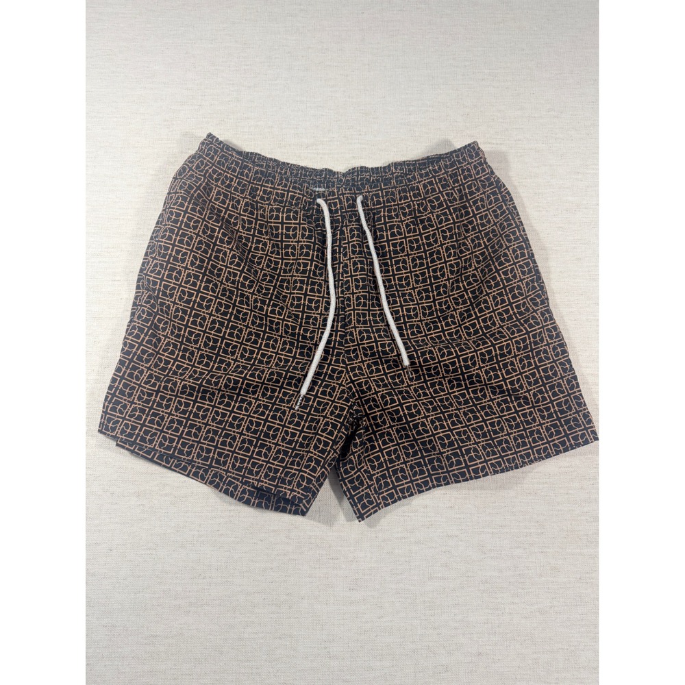 SHEIN Swim Trunks Men M Black Good Geometric Lattice Drawstring Shorts 0281